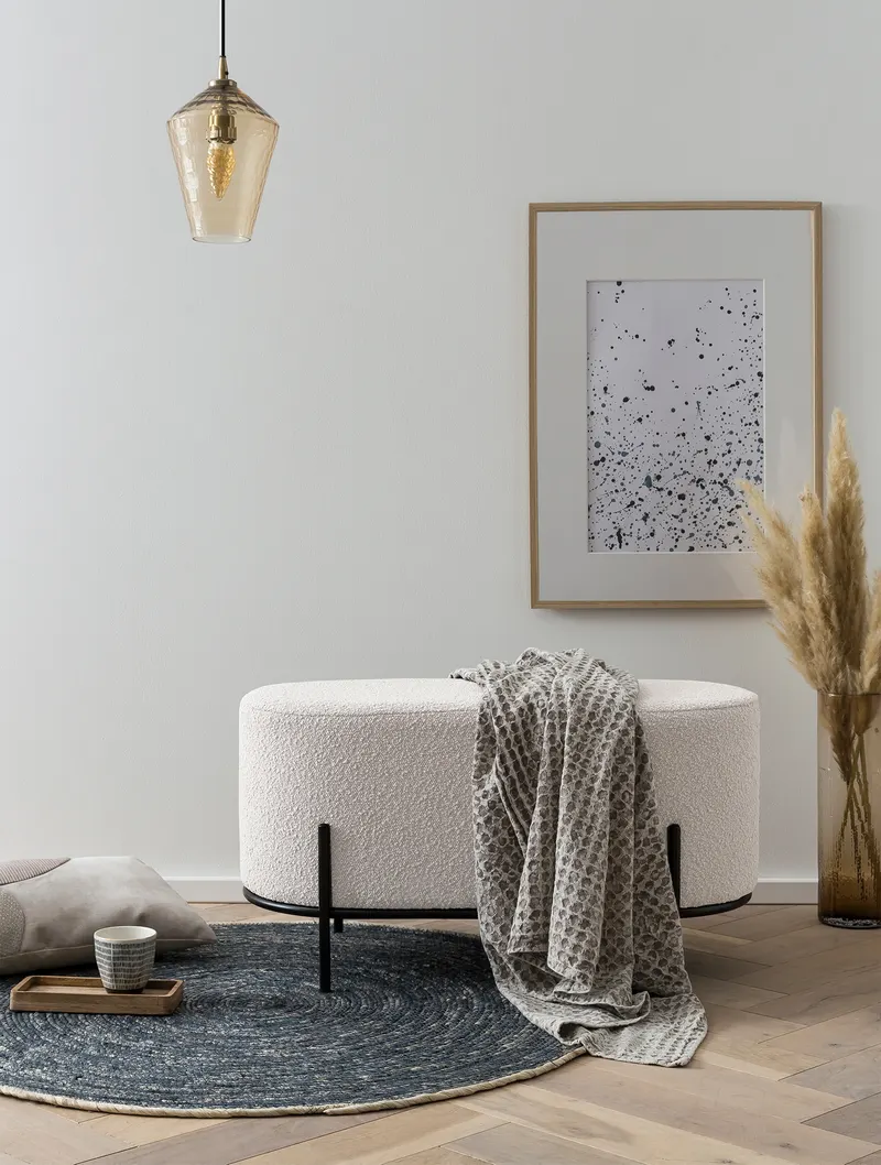 Polsterhocker Bouclé Stoff Weiß, Ansicht 3