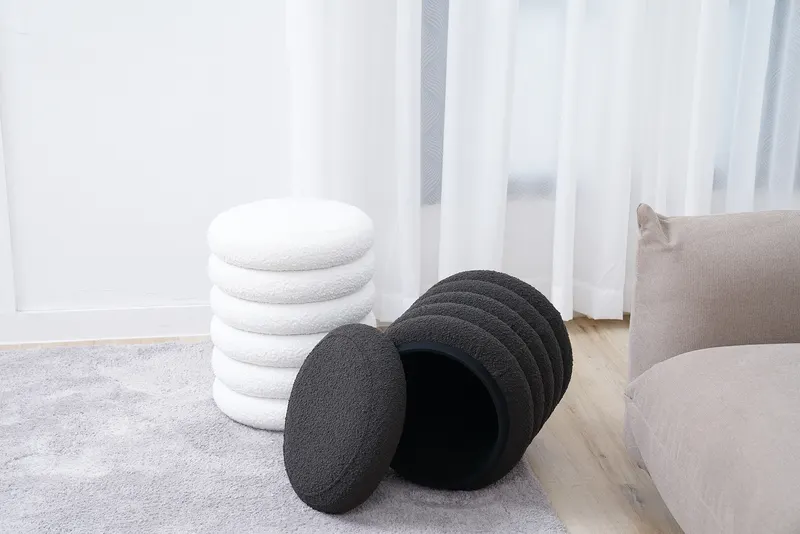 Bouclé Sitzhocker mit Stauraum, Weiß, Ø 38 cm, Ansicht 6
