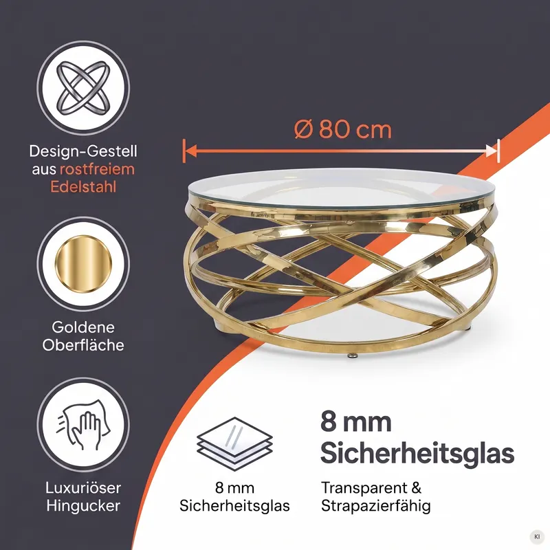 Couchtisch Gold/Klar Ø 80 cm, Ansicht 6