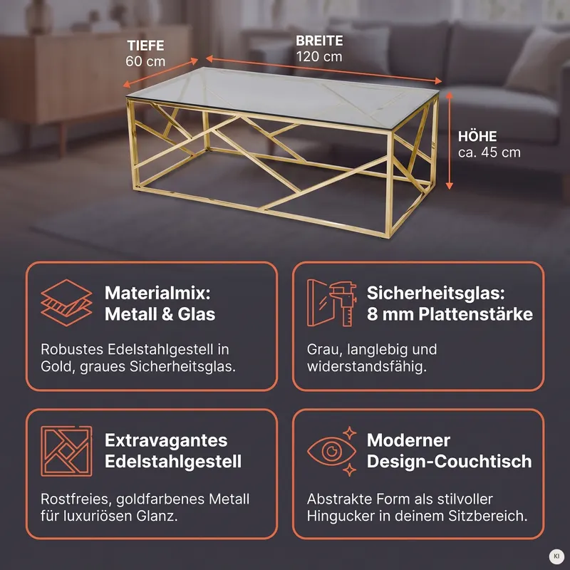 Couchtisch Gold/Grau 120 × 60 cm, Ansicht 5