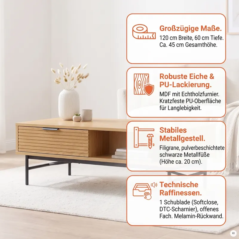 Couchtisch 120 x 60 cm mit Eiche-Echtholzfurnier, Ansicht 10