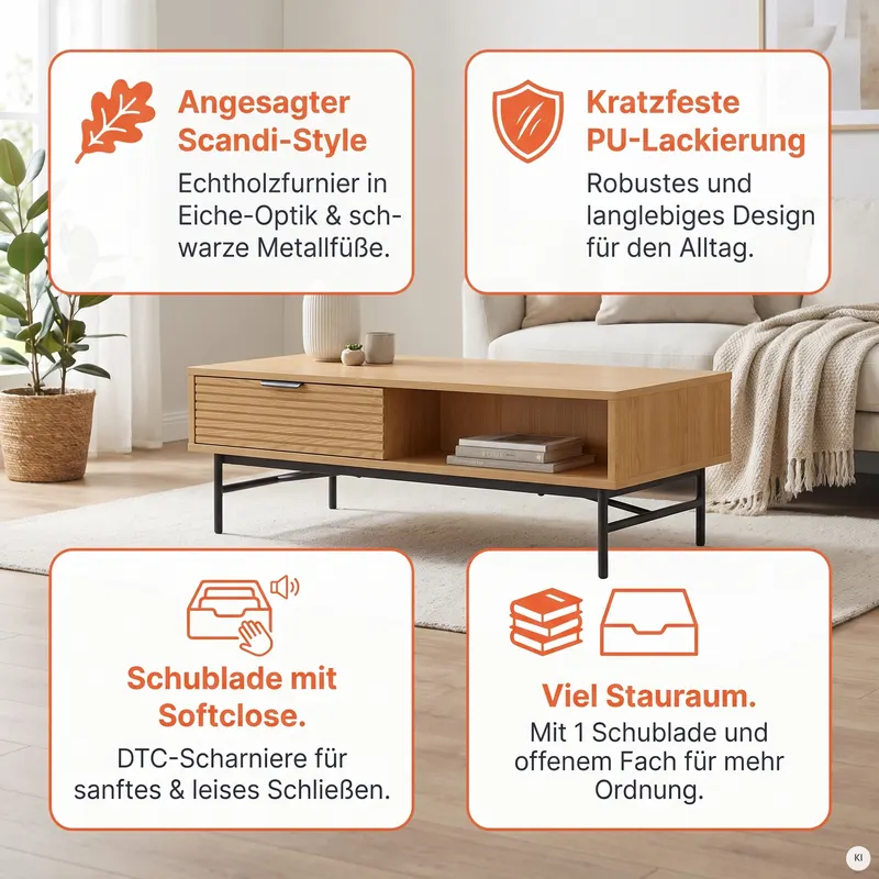 Couchtisch 120 x 60 cm mit Eiche-Echtholzfurnier, Ansicht 9