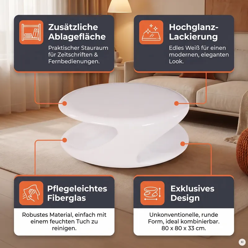 Couchtisch 80x80x33 cm weiß Fiberglas, Ansicht 9