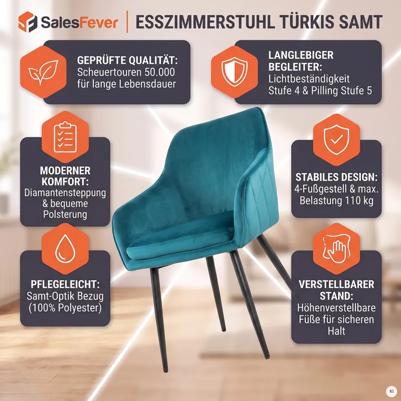 Esszimmerstuhl türkis Samt, Ansicht 10