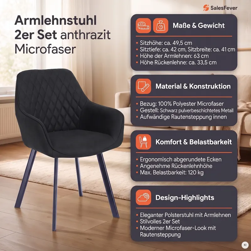Armlehnstuhl 2er Set anthrazit Microfaser, Ansicht 10