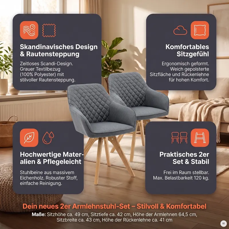Armlehnstuhl 2er Set grau Textil, Ansicht 9