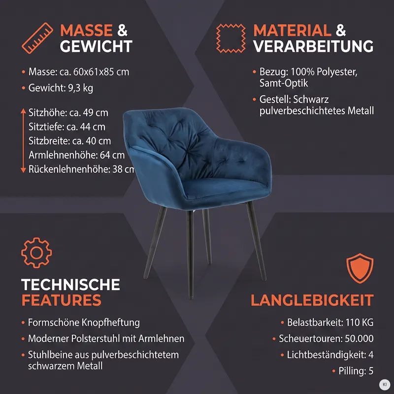 Armlehnstuhl blau Samt, Ansicht 10