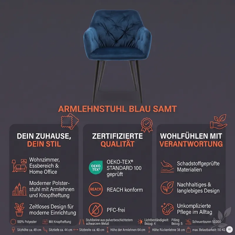 Armlehnstuhl blau Samt, Ansicht 11