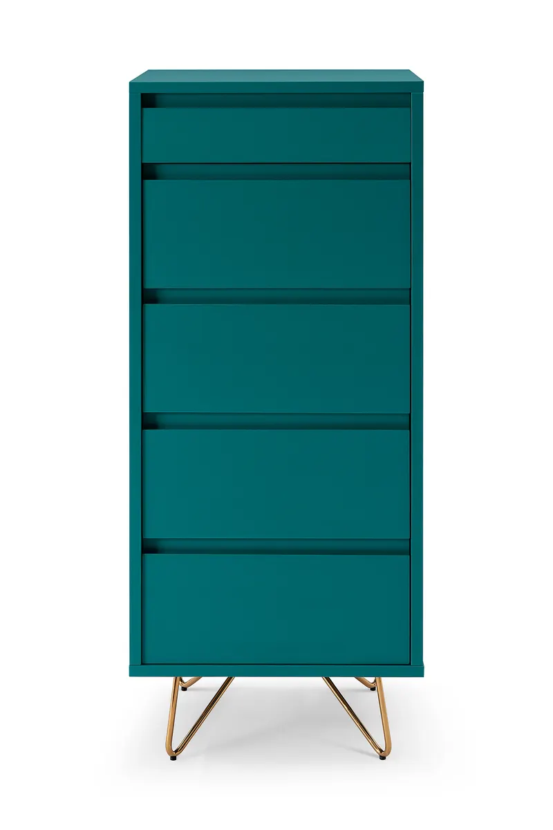 hohe Kommode mit 4 Schubladen und Spiegel, Blau/Gold, Ansicht 2