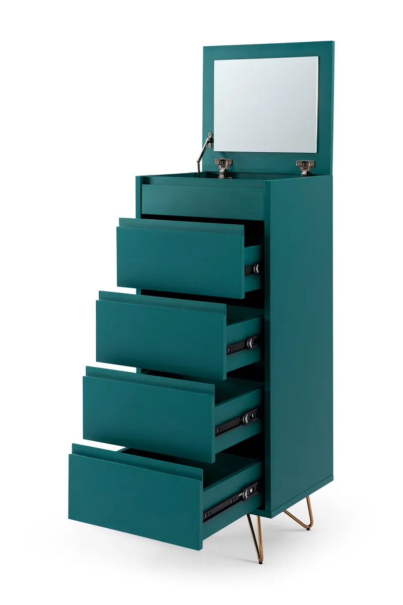 hohe Kommode mit 4 Schubladen und Spiegel, Blau/Gold, Ansicht 3
