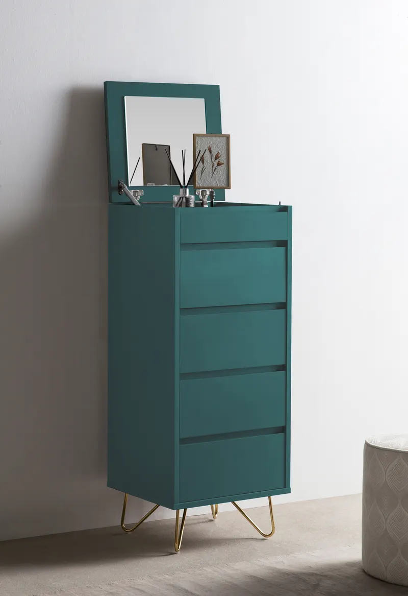 hohe Kommode mit 4 Schubladen und Spiegel, Blau/Gold, Ansicht 6