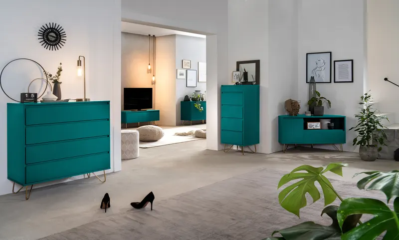 Kommode mit 4 Schubladen, blau und goldfarben, Ansicht 7