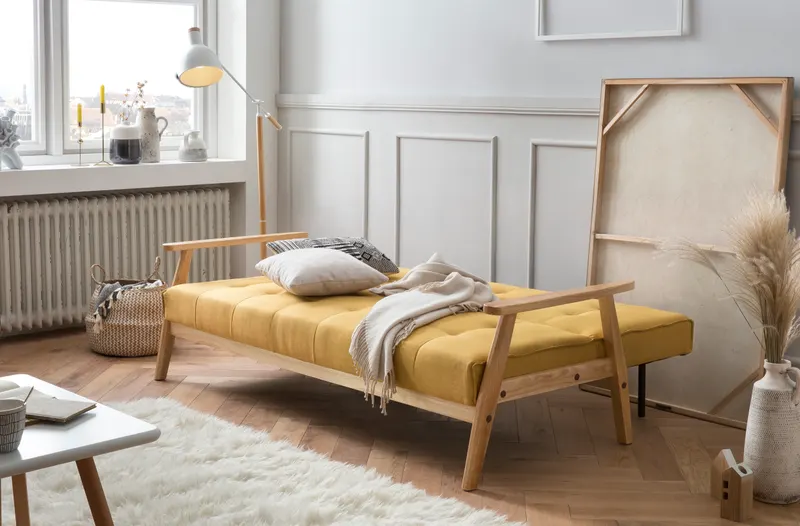 Schlafsofa skandinavisch Strukturstoff senfgelb, Ansicht 8