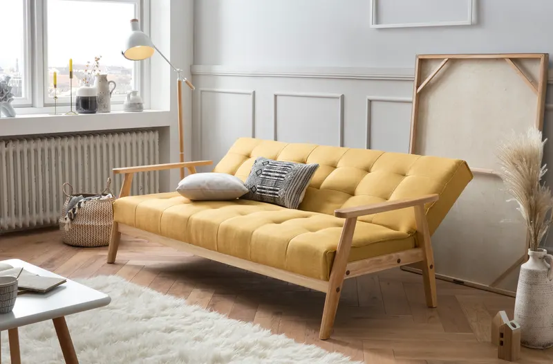 Schlafsofa skandinavisch Strukturstoff senfgelb, Ansicht 9