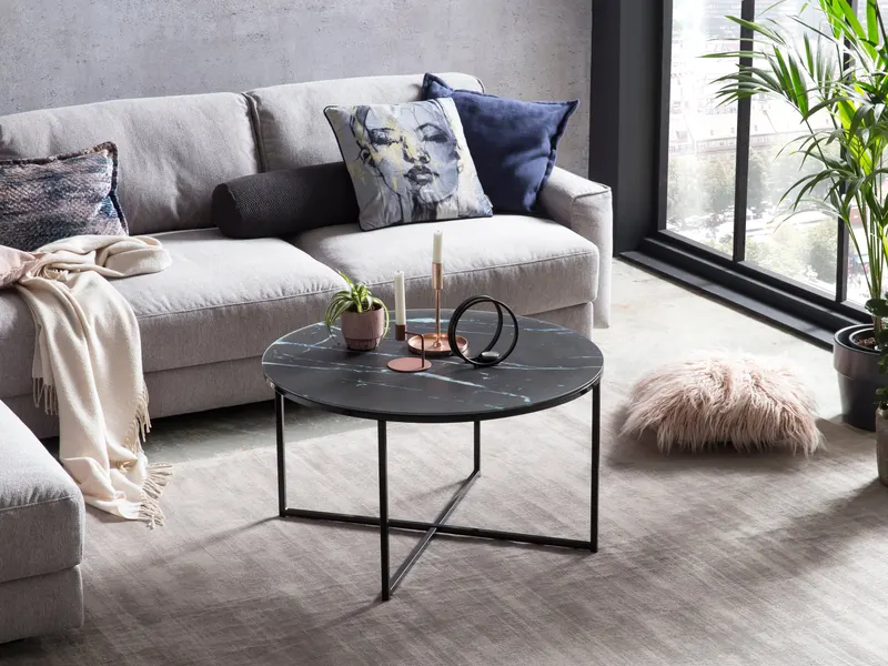 Couchtisch Ø 80 cm mit Glasplatte in Marmoroptik, Ansicht 5