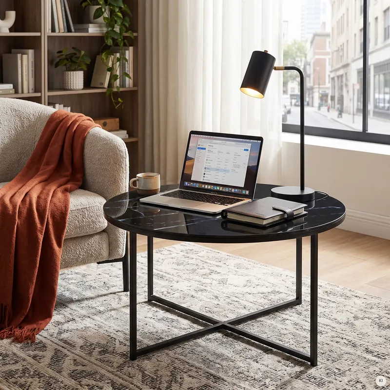 Couchtisch Ø 80 cm mit Glasplatte in Marmoroptik, Ansicht 6