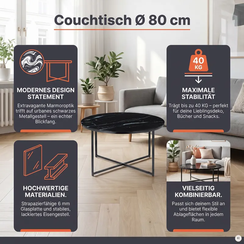 Couchtisch Ø 80 cm mit Glasplatte in Marmoroptik, Ansicht 7