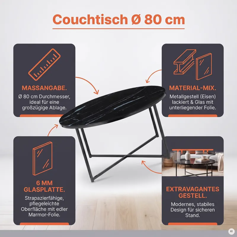 Couchtisch Ø 80 cm mit Glasplatte in Marmoroptik, Ansicht 8