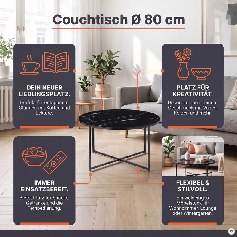 Couchtisch Ø 80 cm mit Glasplatte in Marmoroptik, Ansicht 9