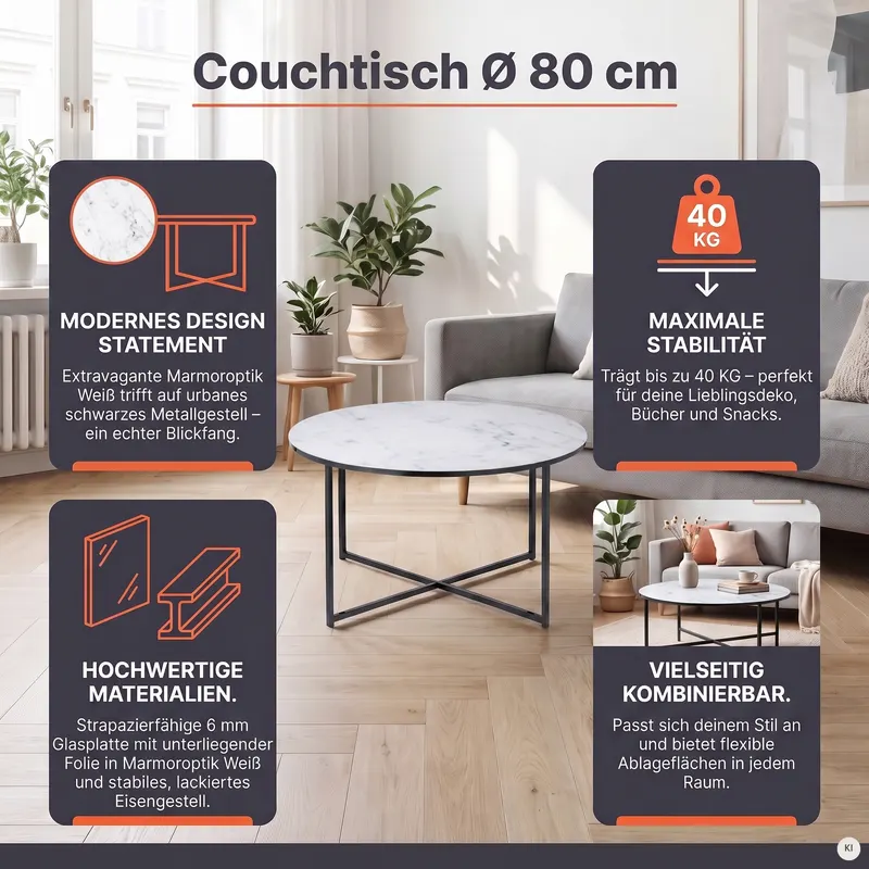 Couchtisch Ø 80 cm mit weißer Marmoroptik, Ansicht 7