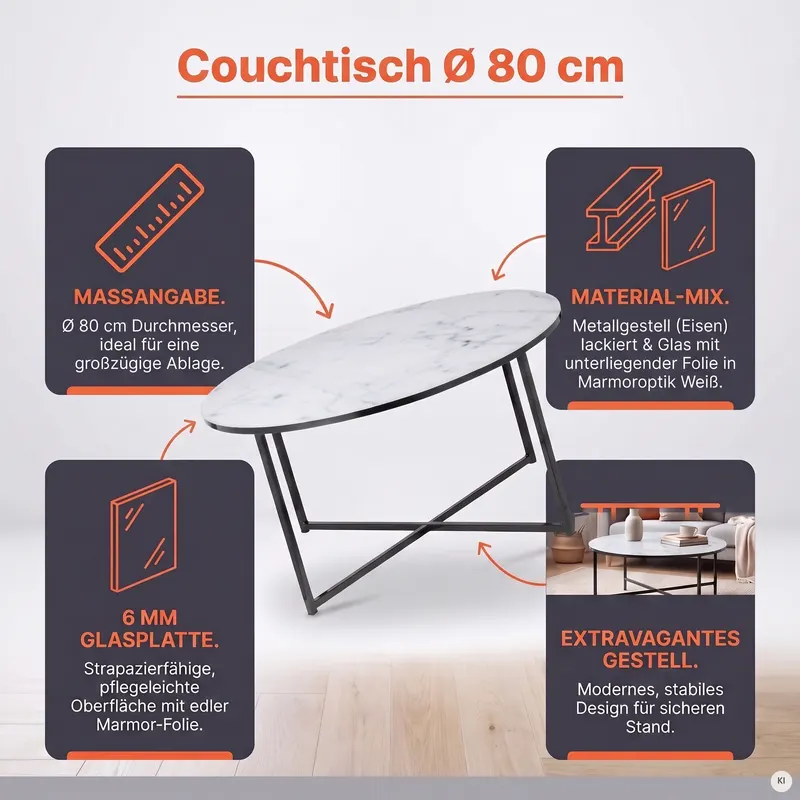 Couchtisch Ø 80 cm mit weißer Marmoroptik, Ansicht 8