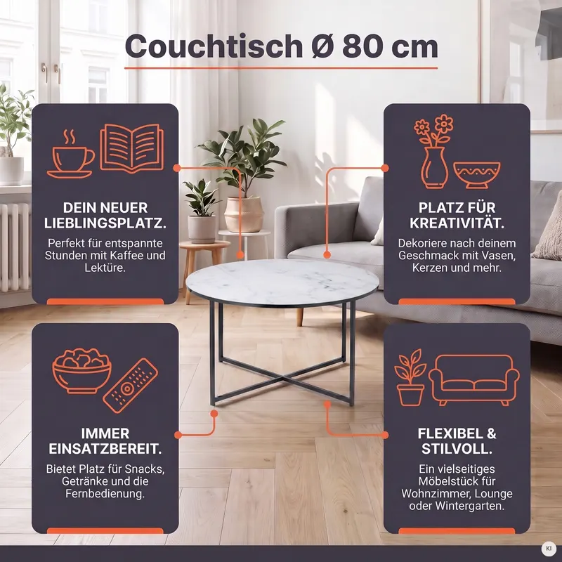 Couchtisch Ø 80 cm mit weißer Marmoroptik, Ansicht 9