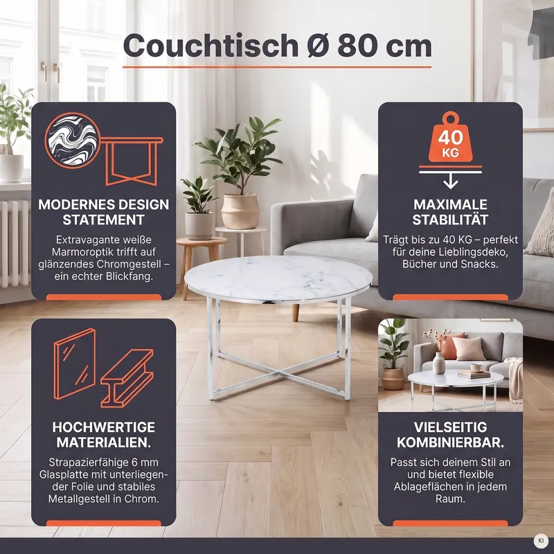 Couchtisch Ø 80 cm mit weißer Marmoroptik, Ansicht 7