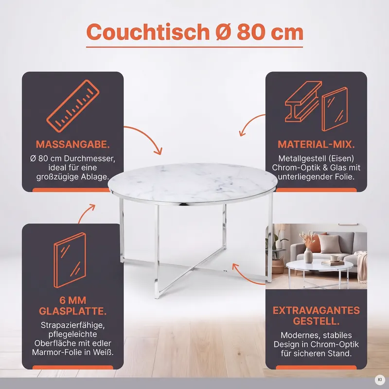 Couchtisch Ø 80 cm mit weißer Marmoroptik, Ansicht 8