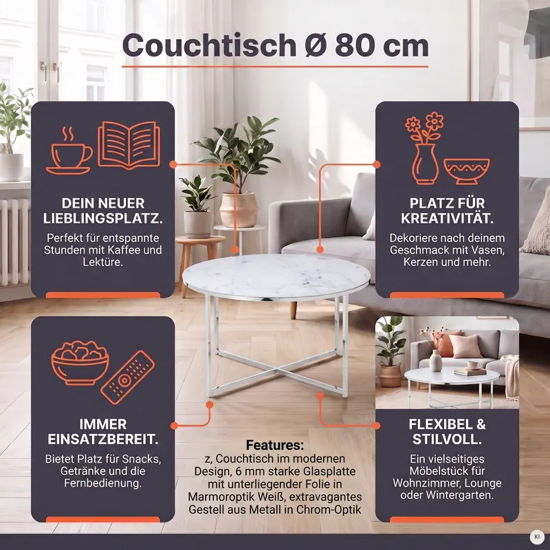 Couchtisch Ø 80 cm mit weißer Marmoroptik, Ansicht 9
