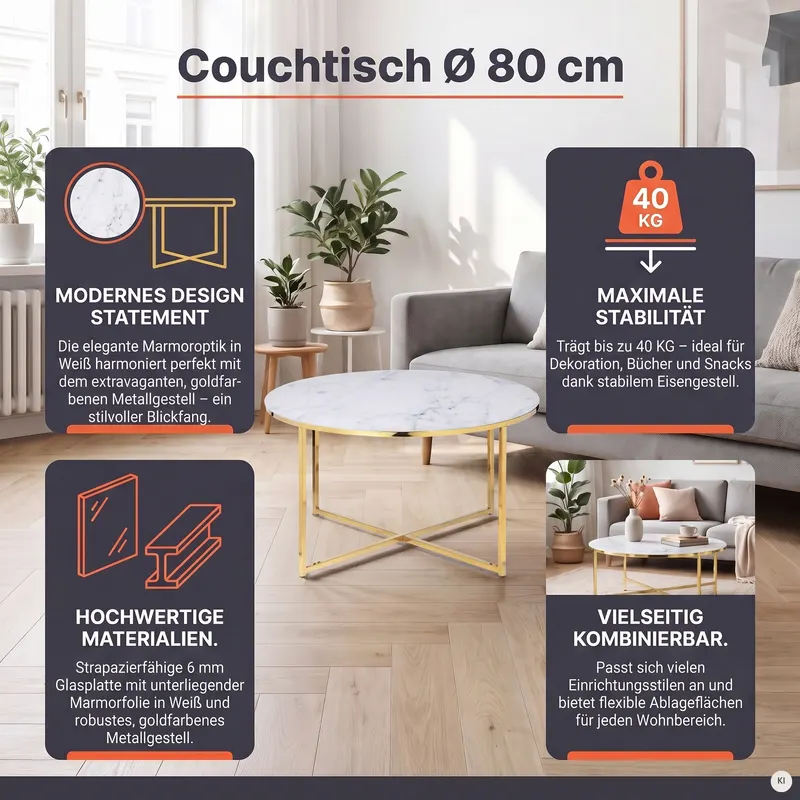 Couchtisch Ø 80 cm, Weiß/Gold, Ansicht 7