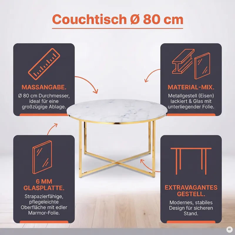 Couchtisch Ø 80 cm, Weiß/Gold, Ansicht 8