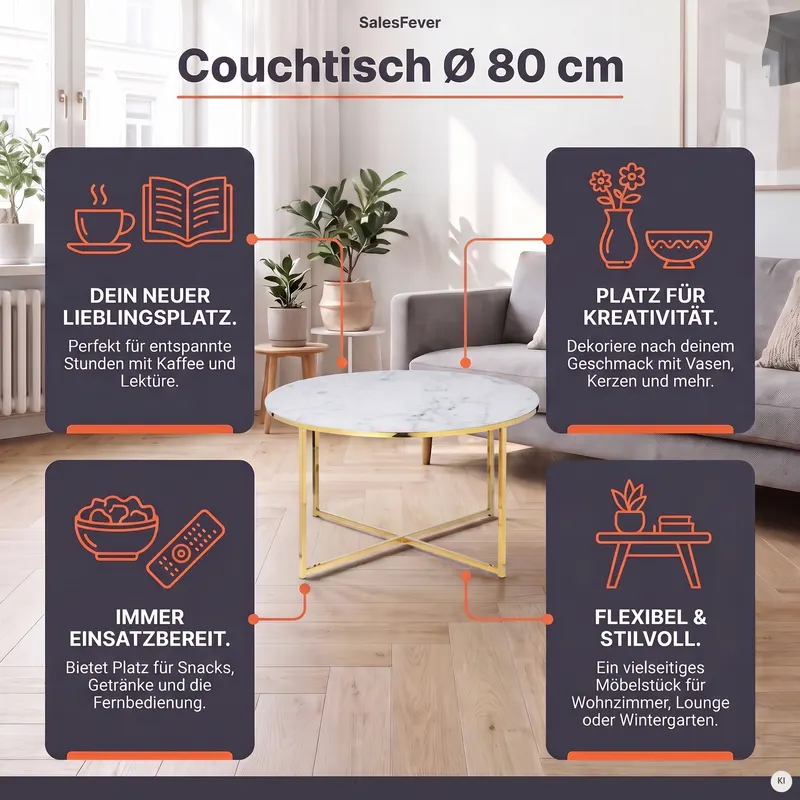 Couchtisch Ø 80 cm, Weiß/Gold, Ansicht 9