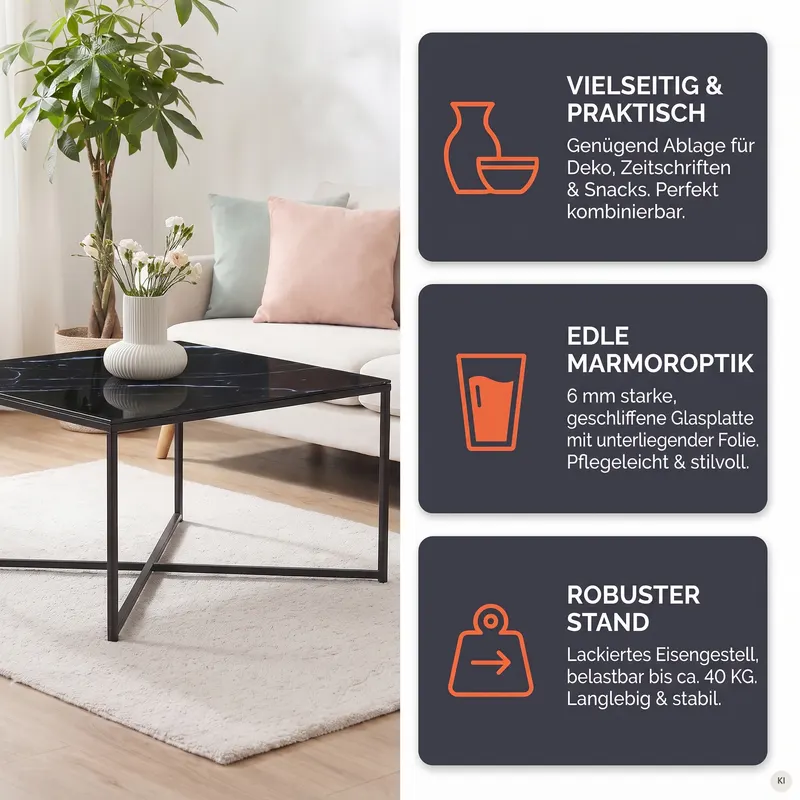 Couchtisch 80 × 80 × 45 cm, Schwarz, Ansicht 10