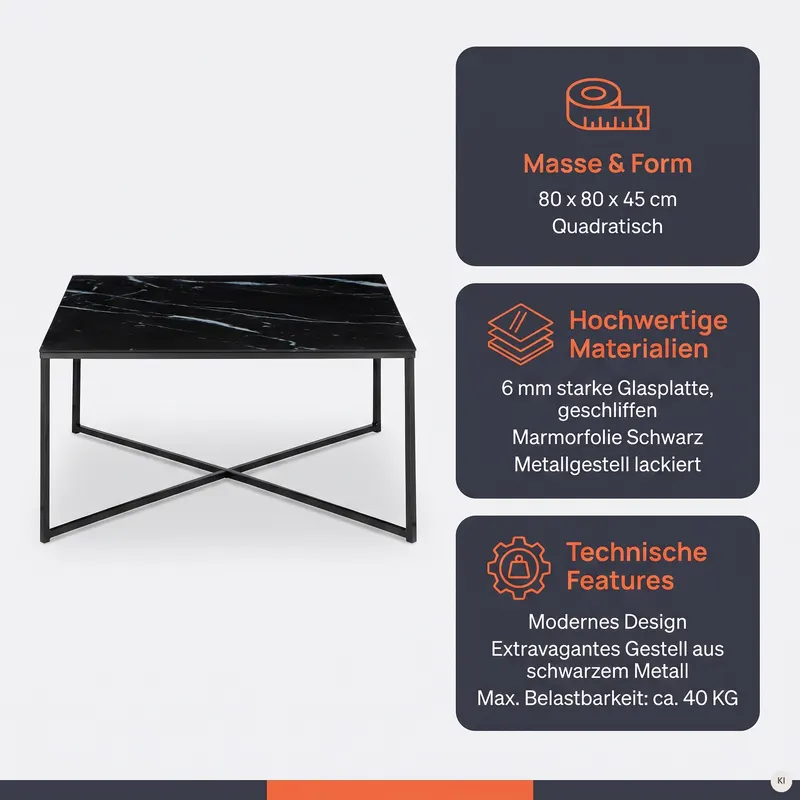 Couchtisch 80 × 80 × 45 cm, Schwarz, Ansicht 9
