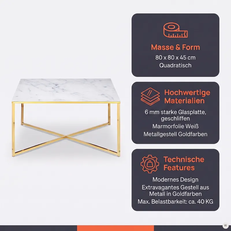 Couchtisch 80 × 80 × 45 cm, Weiß/Gold, Ansicht 8