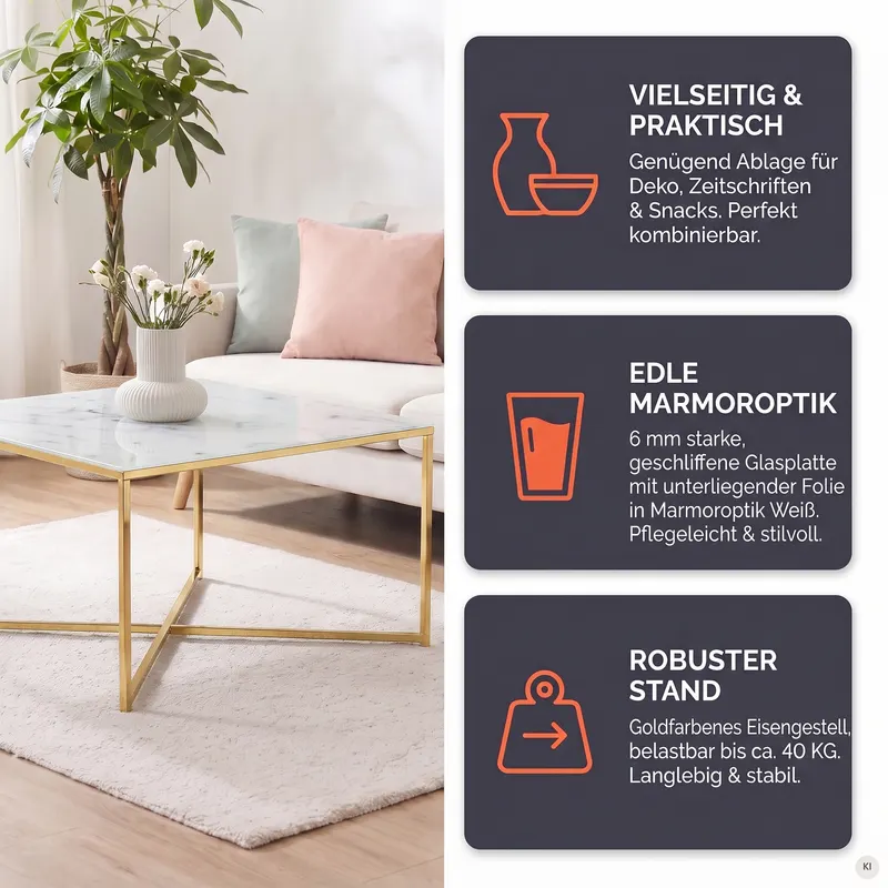 Couchtisch 80 × 80 × 45 cm, Weiß/Gold, Ansicht 9
