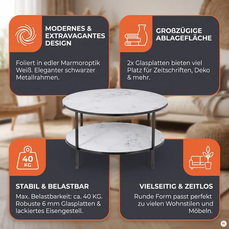 Couchtisch mit 2 Ablagen Ø 80 cm, weiß-schwarz, Ansicht 7