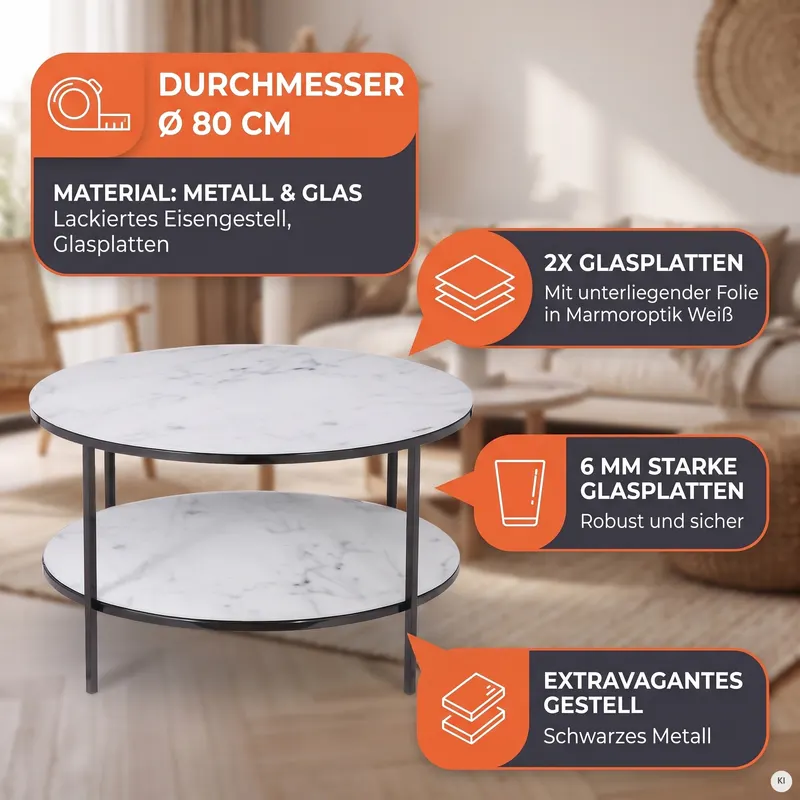 Couchtisch mit 2 Ablagen Ø 80 cm, weiß-schwarz, Ansicht 8