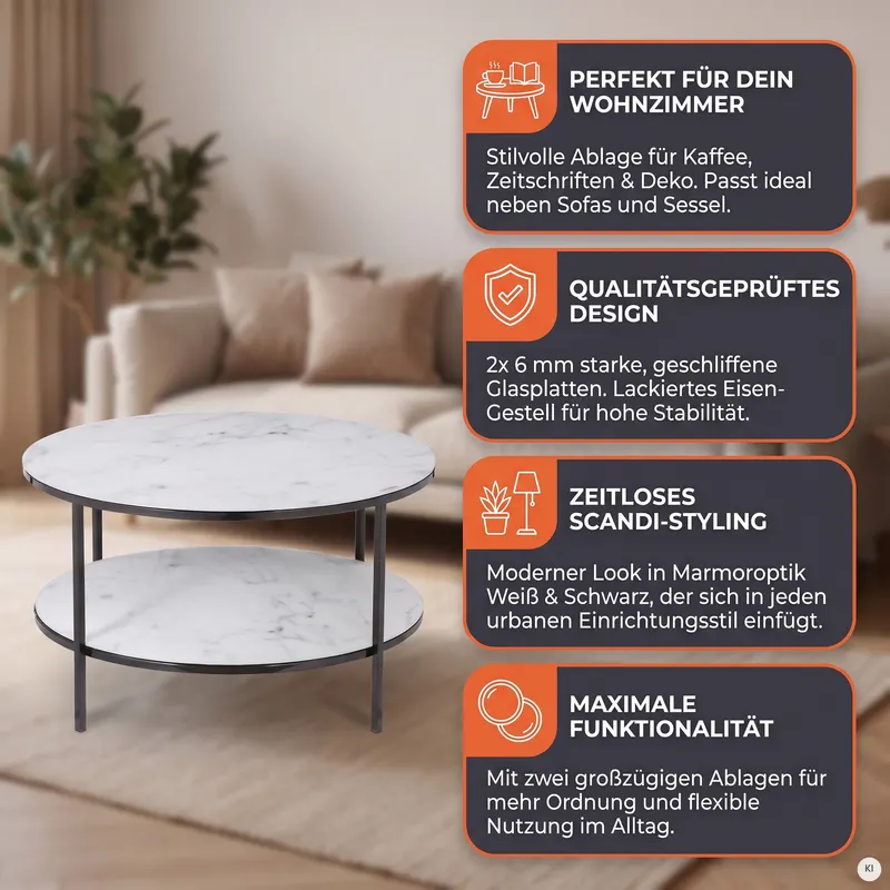Couchtisch mit 2 Ablagen Ø 80 cm, weiß-schwarz, Ansicht 9
