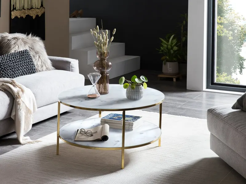 Couchtisch mit 2 Ablagen Ø 80 cm, weiß-goldfarben, Ansicht 5