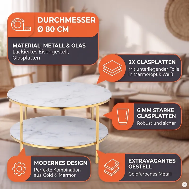 Couchtisch mit 2 Ablagen Ø 80 cm, weiß-goldfarben, Ansicht 8