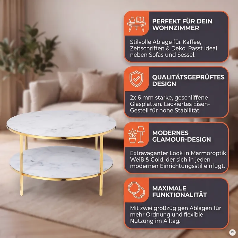 Couchtisch mit 2 Ablagen Ø 80 cm, weiß-goldfarben, Ansicht 9
