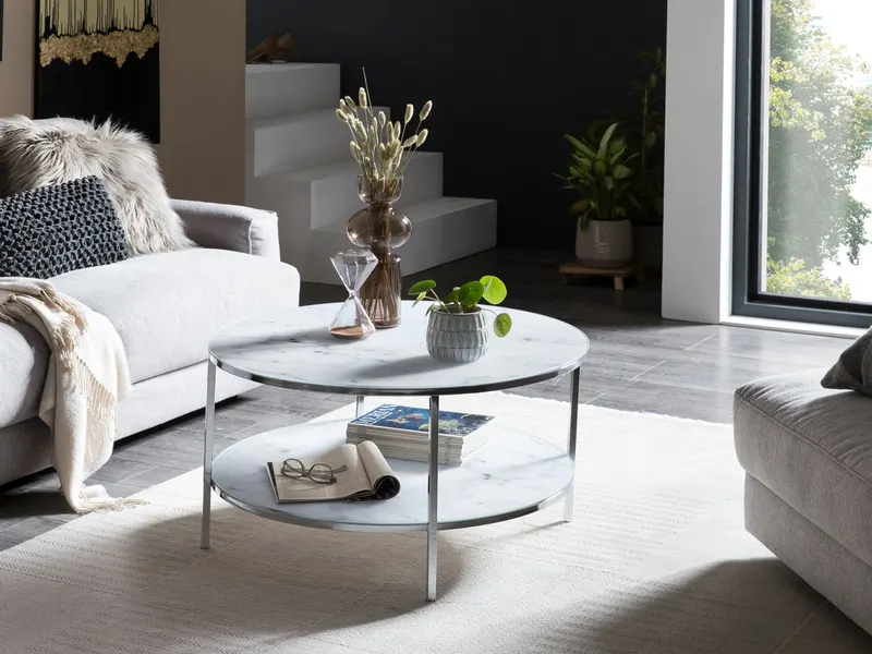Couchtisch mit 2 Ablagen, Ø 80 cm, Weiß/Chrom, Ansicht 5