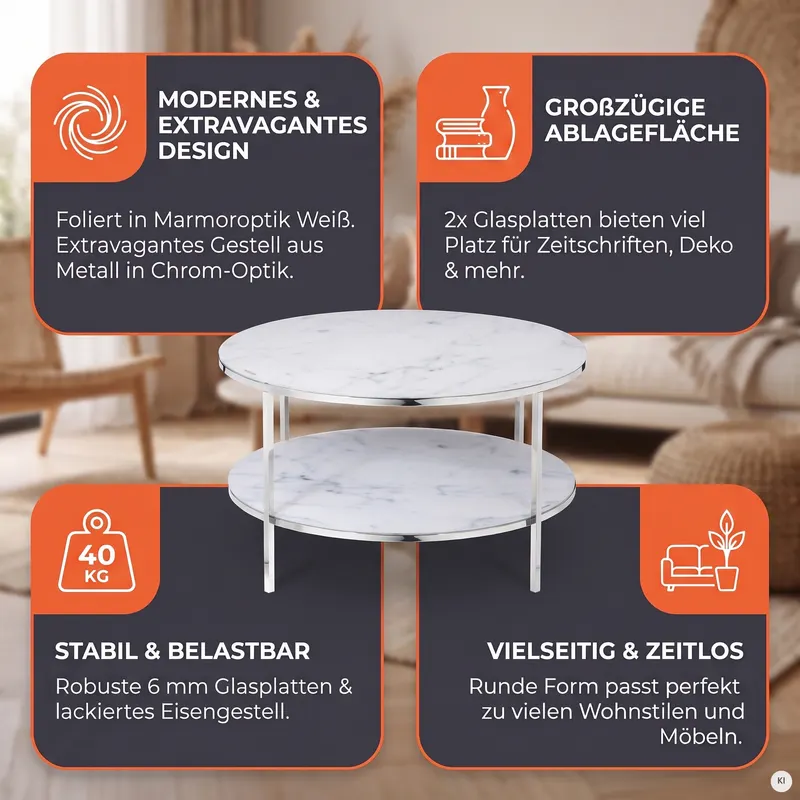 Couchtisch mit 2 Ablagen, Ø 80 cm, Weiß/Chrom, Ansicht 6