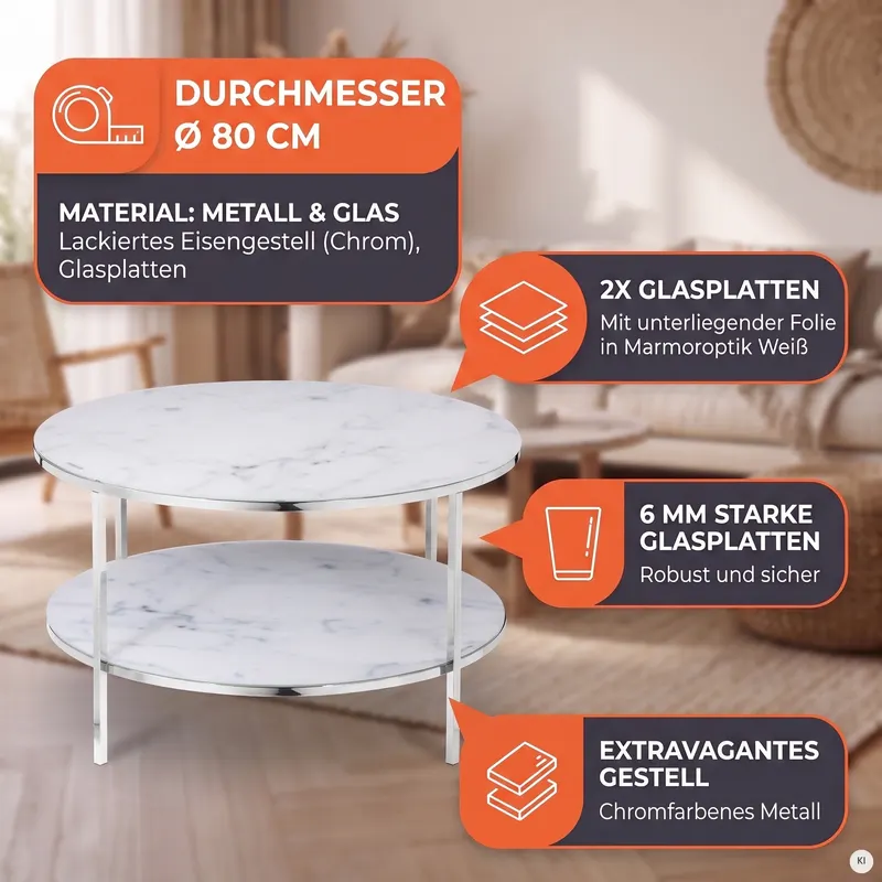 Couchtisch mit 2 Ablagen, Ø 80 cm, Weiß/Chrom, Ansicht 7