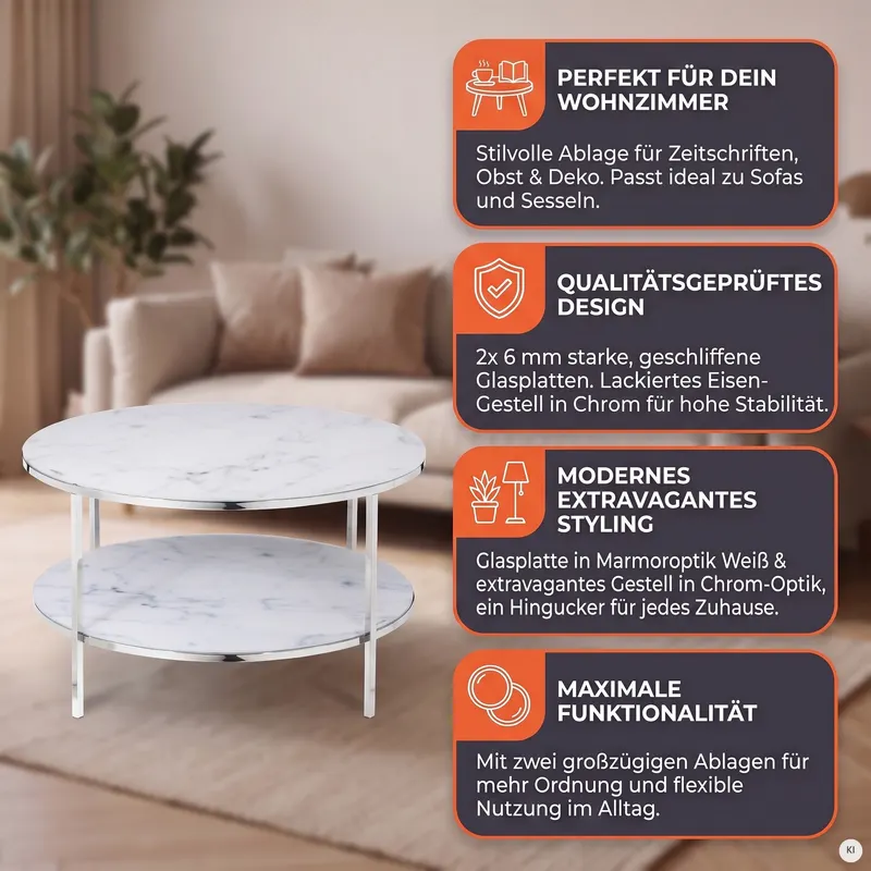 Couchtisch mit 2 Ablagen, Ø 80 cm, Weiß/Chrom, Ansicht 8