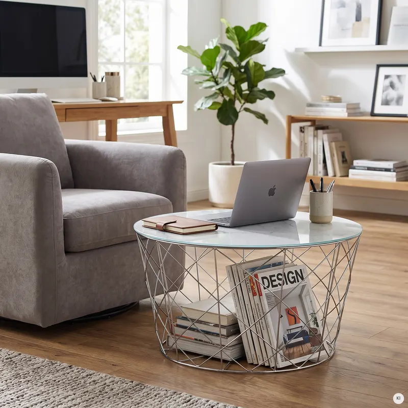 Couchtisch mit Metallkorb Ø 80 cm, Weiß/Chrom, Ansicht 6