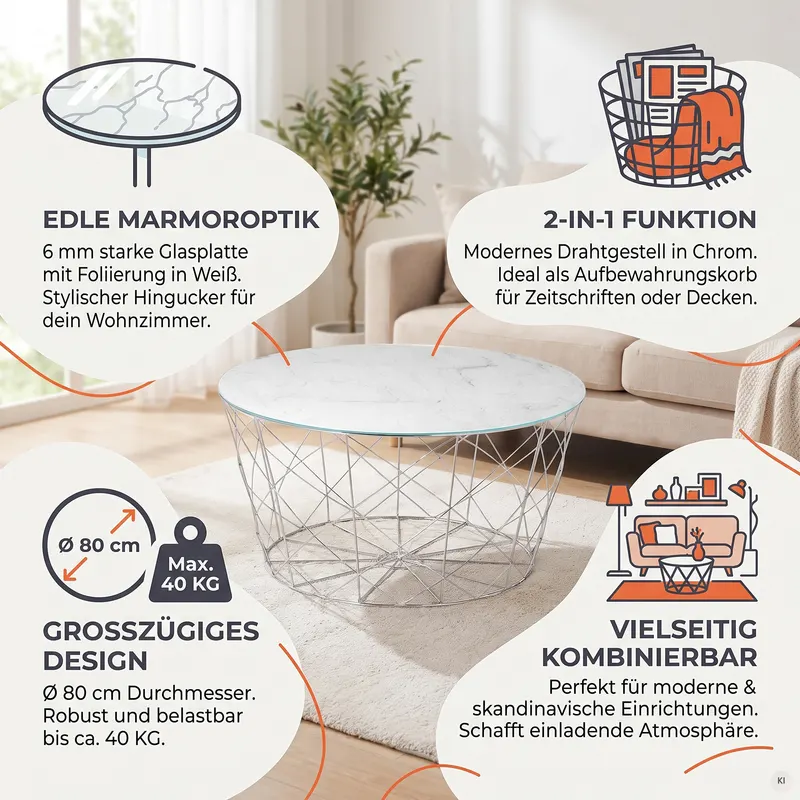 Couchtisch mit Metallkorb Ø 80 cm, Weiß/Chrom, Ansicht 7