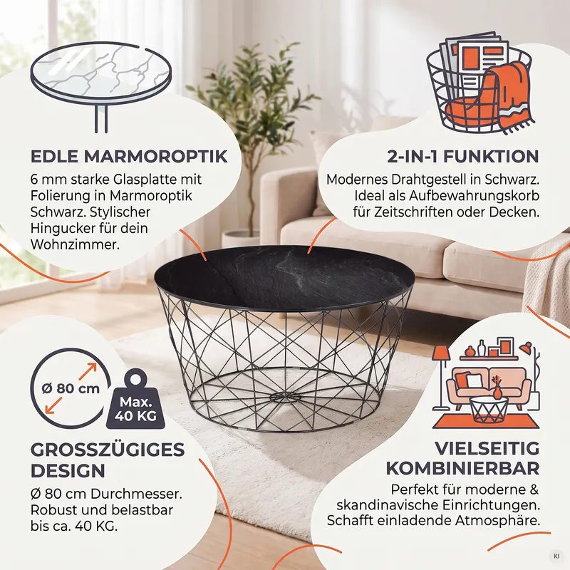 Couchtisch mit Metallkorb Ø 80 cm, Schwarz, Ansicht 6