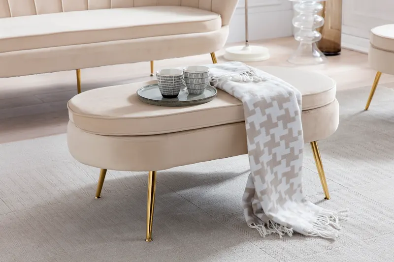Sitzpouf oval aus Samt Beige, Ansicht 8